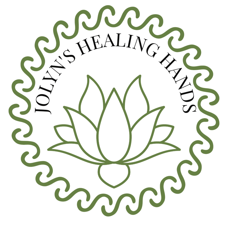 Circular logo with a green wavy border and a central lotus flower; text around the edge reads 'JOLYN’S HEALING HANDS'.